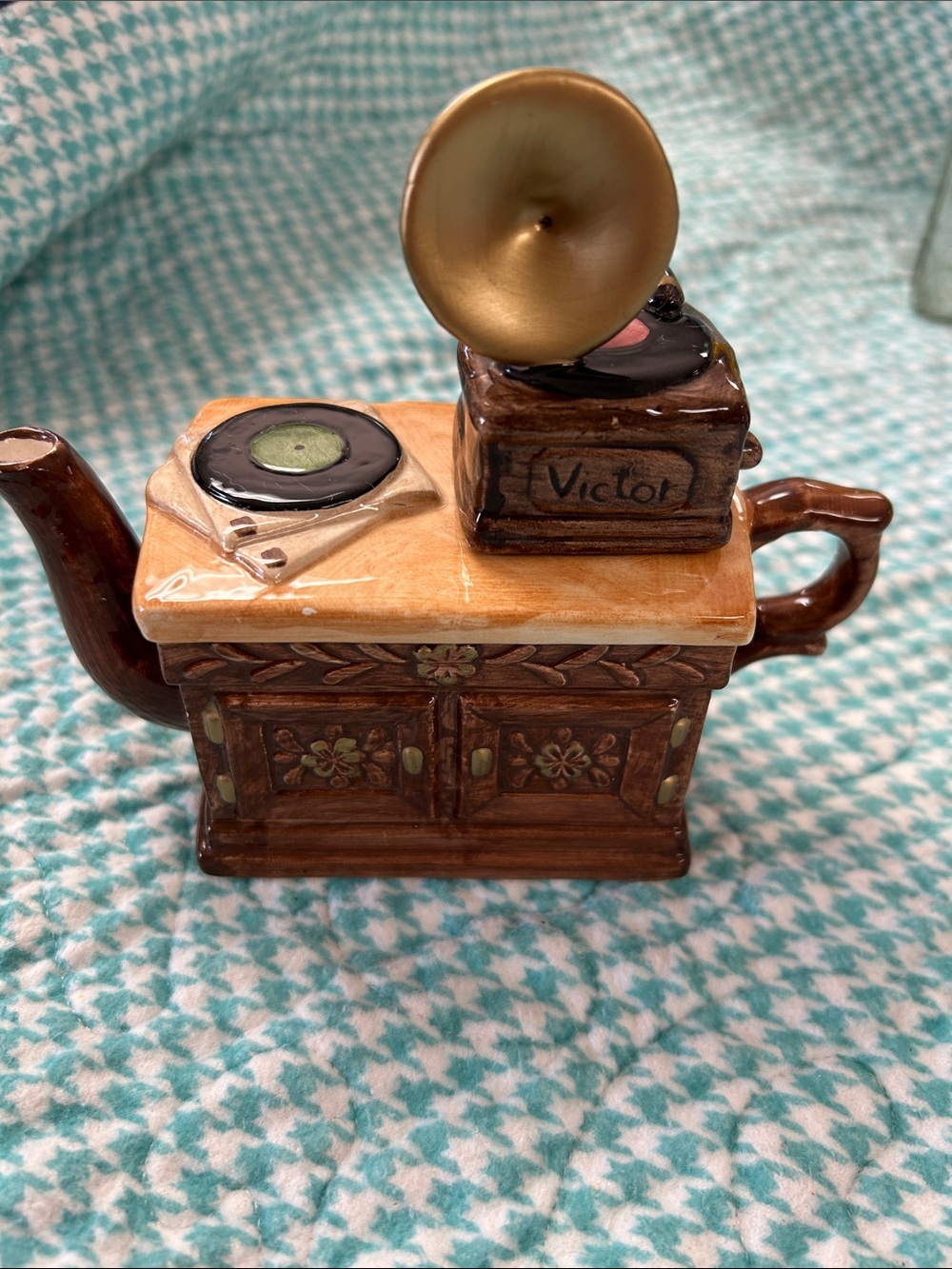 Vintage Gramophone Ceramic Teapot - Brown and Gold